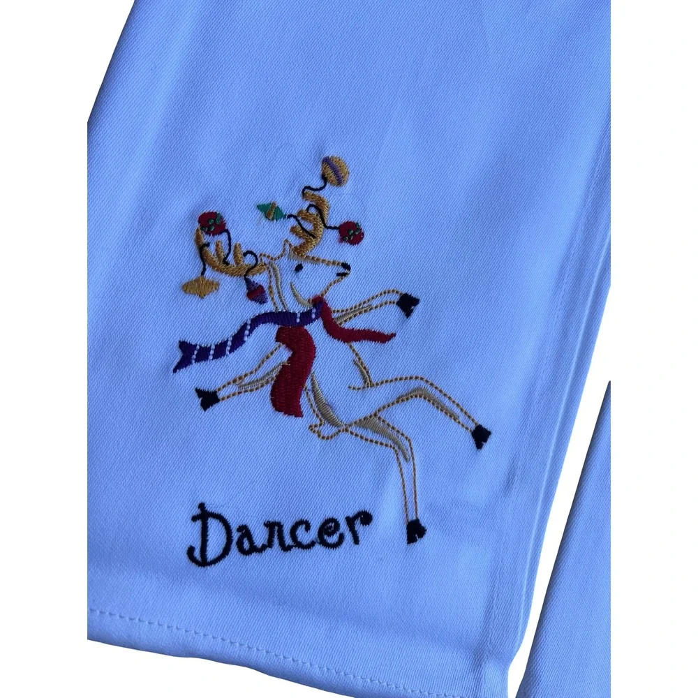 PHI Set of 8 Embroidered Reindeer Dinner White Napkins 100% Cotton Christmas NWT